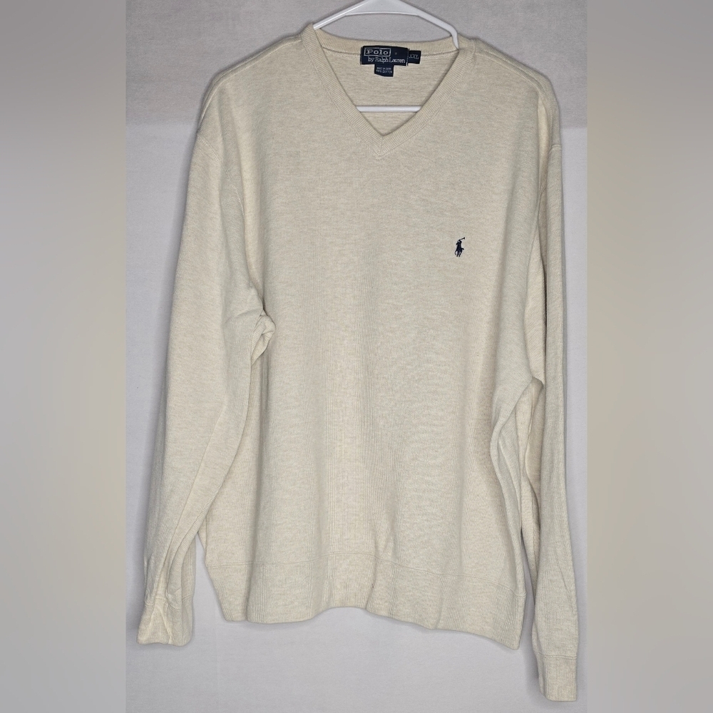Polo Ralph Lauren Men V-Neck 100% Cotton Sweater Beige Cream XXL Stretch Casual
